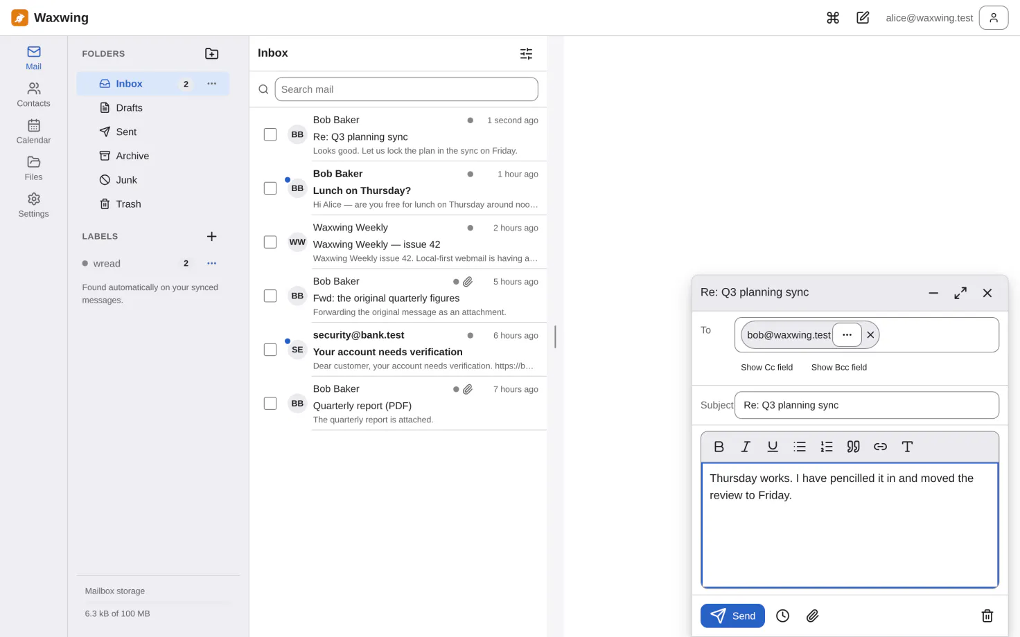 A reply being written in a composer window docked over the message list, with a rich-text toolbar.