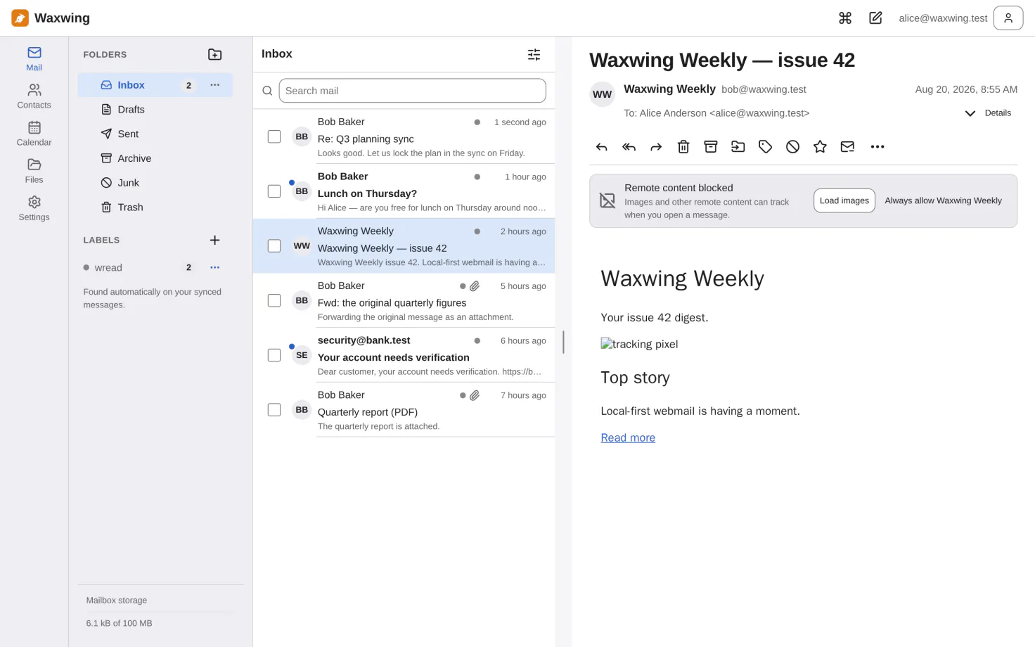Waxwing reading a newsletter: a folder rail on the left, the message list in the middle, and the message on the right with a banner saying remote content was blocked.