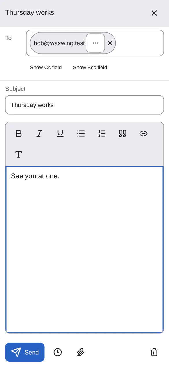 Writing a message on a phone: recipient, subject, a formatting toolbar and an editor filling the rest of the screen.