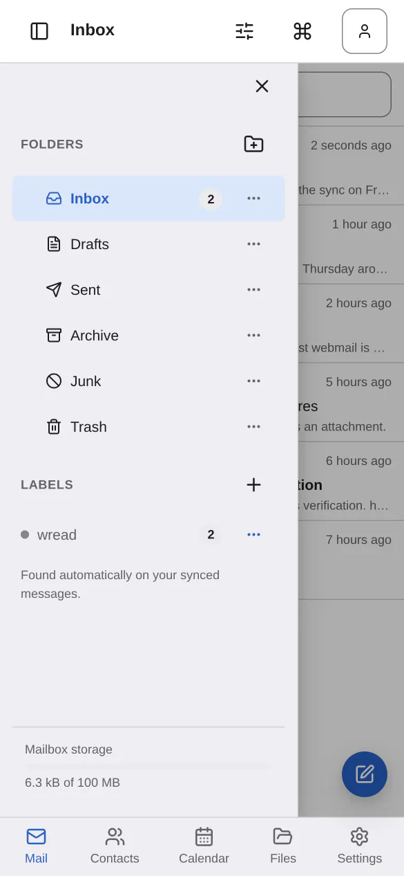 The folder drawer open over the message list on a phone, showing Inbox, Drafts, Sent, Archive, Junk and Trash.