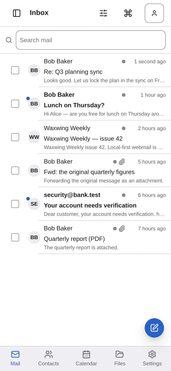 Waxwing on a phone: the message list, with Mail, Contacts and Settings along the bottom.