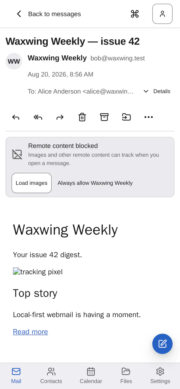 A message open on a phone, filling the screen, with a Back to messages link and the remote-content banner above the body.